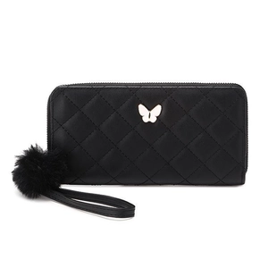 Quilted long clutch wallet with butterfly decor and pompom wristlet for women
