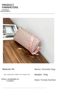 Detailed view showing the pink PU leather pillow bag dimensions and adjustable strap