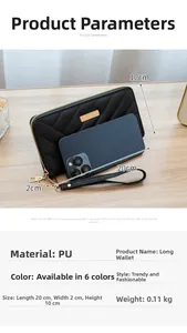 Detail view of black long PU wallet with V-shaped quilting, gold zipper and dimensions