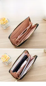 Internal layout of long zipper wallet showing card slots and spacious compartments