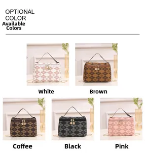 Detail view of quilted chain handbag collection in white, brown, coffee, black, and pink