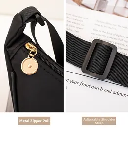 Detail of golden metal zipper pulls and adjustable nylon strap on a black crossbody bag