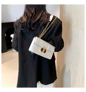 Detail of silver crocodile pattern crossbody bag with gold T-lock and chain strap