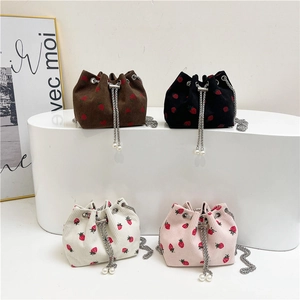 Corduroy Strawberry Pattern Bucket Bag For Women Sweet Shoulder Crossbody Bag With Chain Strap Pearl Decor Mini Handbag