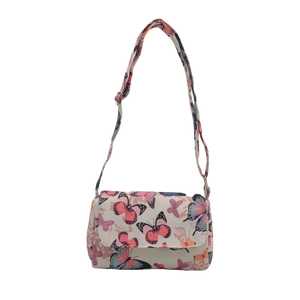 Minimalist creamy white crossbody bag with colorful butterfly prints and flap closure