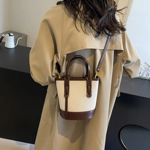 Retro contrast canvas and brown leather bucket bag for women with adjustable strap