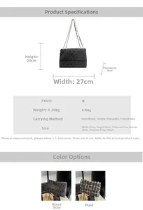 Size chart showing 27x20x9cm dimensions for black bow and plaid tote bags with gold chains