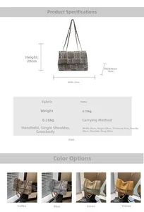 Detailed infographic showing vintage canvas tote bag dimensions and four color variants