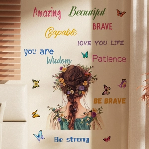Floral girl and colorful butterflies wall decals with inspirational English quotes