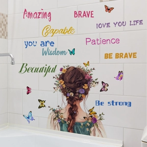 Inspirational floral girl and butterfly wall decal for bedroom and living room decor