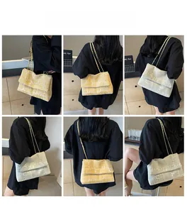 Detail shots showing two colors of knit chain tote bag worn by a model in interior setting