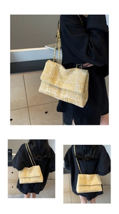 Close-up of yellow and white striped fabric chain bag with textured woven surface