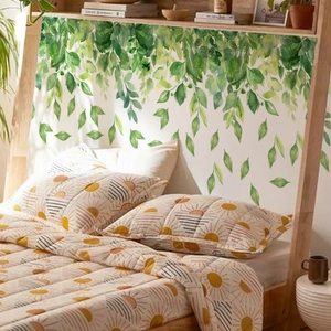 Self-adhesive watercolor green leaf wall decals for living room and bedroom decoration