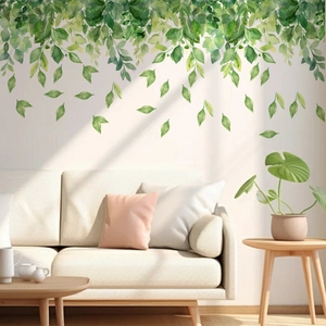 Watercolor green leaf vine wall stickers for living room decor with hanging plant patterns
