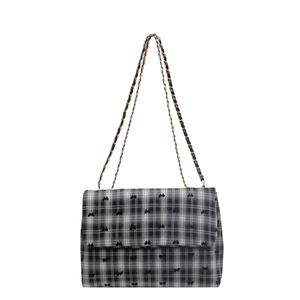 Vintage black and white plaid wool tote bag with embroidered bows and chain strap