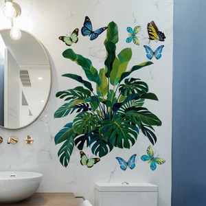 Stickers muraux feuilles tropicales et papillons colorés pour salle de bain moderne
