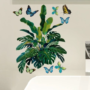 Stickers muraux feuilles tropicales et papillons colorés pour décoration intérieure du salon