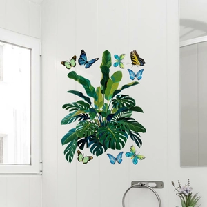 Stickers muraux feuilles de monstera tropicales et papillons colorés pour salon moderne
