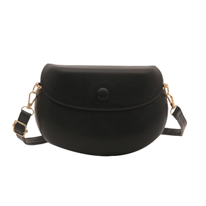 Classic black matte leather saddle bag with gold hardware and adjustable shoulder strap