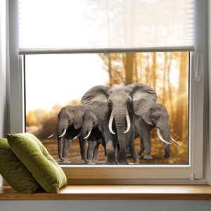 Autumn scenery window sticker featuring wild elephants in a golden forest landscape