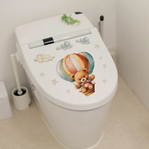 Luminous teddy bear in hot air balloon toilet sticker with watercolor clouds and stars