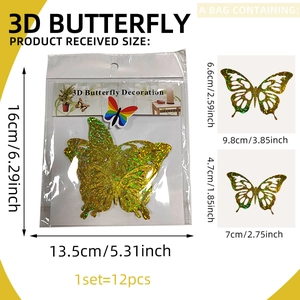Detailed dimension guide for 3D hollow glitter gold butterfly wall stickers set