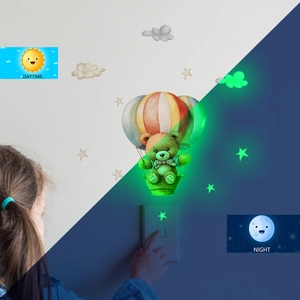 Luminous wall stickers with hot air balloon bear showing day and night glowing effect