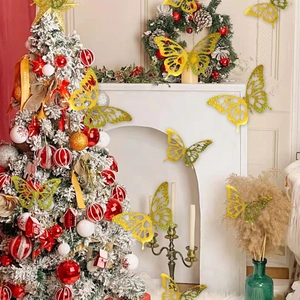 Detailed close-up of golden hollow 3D butterfly wall stickers with glitter texture effect