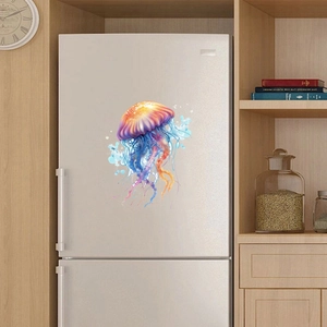 Luminous watercolor jellyfish wall stickers on a white refrigerator for home decor