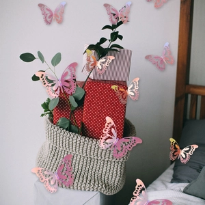 3D hollow pink gradient butterfly wall stickers on gift boxes and home decor