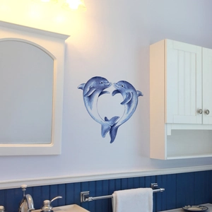 Watercolor sea dolphin heart wall sticker for bathroom decor with luminous marine animal theme