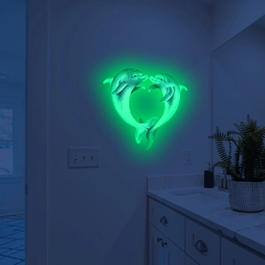 Luminous heart-shaped dolphin wall decal for bathroom with green fluorescent glow effect