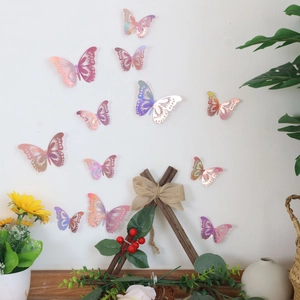 Detailed macro view of 3D laser-cut holographic butterflies with floral home decor