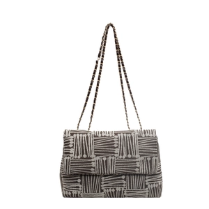 Brown woven crossbody bag with geometric pattern and gold chain leather strap for women