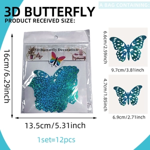 Set of 12 3D hollow glitter blue butterfly wall stickers in various sizes with dimensions