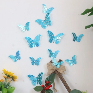 3D hollow glitter blue butterflies set for wall decoration in living room and bedroom
