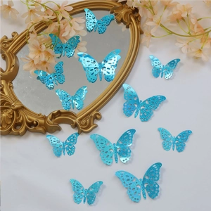 Detail view of 3D hollow glitter sky blue butterfly wall stickers with floral decor