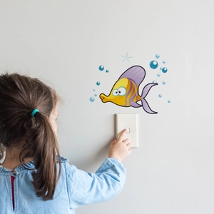 Luminous green cartoon fish wall sticker with bubbles for bathroom and nursery decor