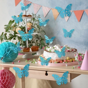 Detailed blue glitter hollow butterfly decorations for party walls and cake toppers