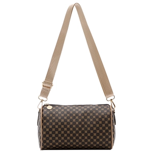 Retro brown cylinder Boston bag with gold geometric patterns and wide adjustable strap