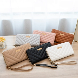 Women's Long Quilted Wallet PU Leather Zip Around Clutch Purse With Wristlet Metal Decoration Multi Card Slots Phone Bag