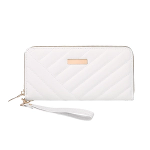 White quilted long wristlet wallet for women with golden metal plate and zip closure