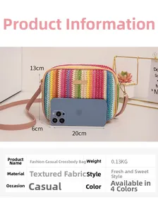 Detail view of colorful striped straw bag with zipper and size comparison chart