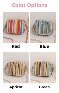 Collage of striped straw crossbody bags in red, blue, apricot, and green color options
