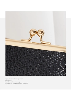 Close-up of black woven texture bag with golden kiss-lock and adjustable strap