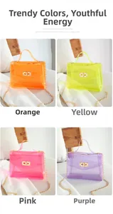 Macro details of colorful PVC jelly bags with gold metal chain and turn-lock closure