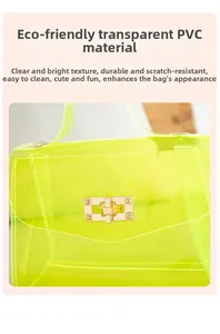 Detail of neon green transparent PVC bag featuring a gold rectangular metal swivel lock