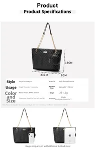 Close-up of quilted black PU shoulder bag with gold chain strap and size dimensions