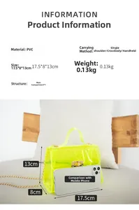 Detailed dimensions of yellow jelly PVC crossbody bag with golden chain and phone reference