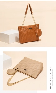 Detail of V-shaped quilted tote bag set with metal chain strap and round coin purse